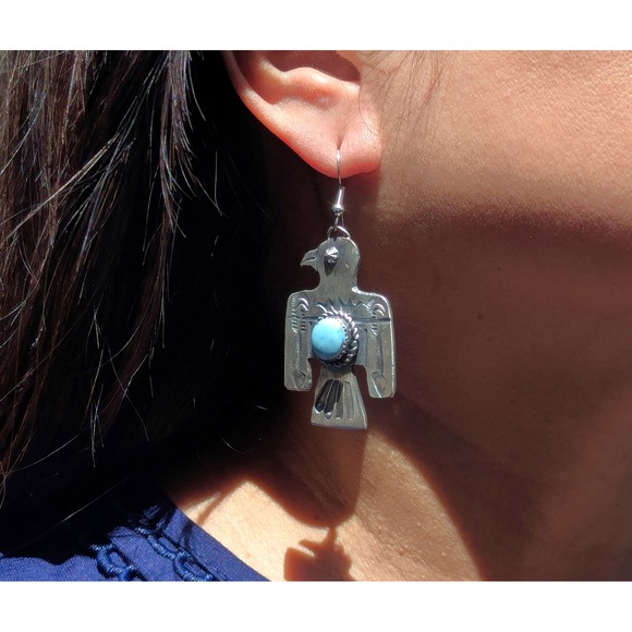 Jewelry - Navajo Thunderbird Golden Hills Turquoise Earrings Handmade NA Sterling Jewelry*